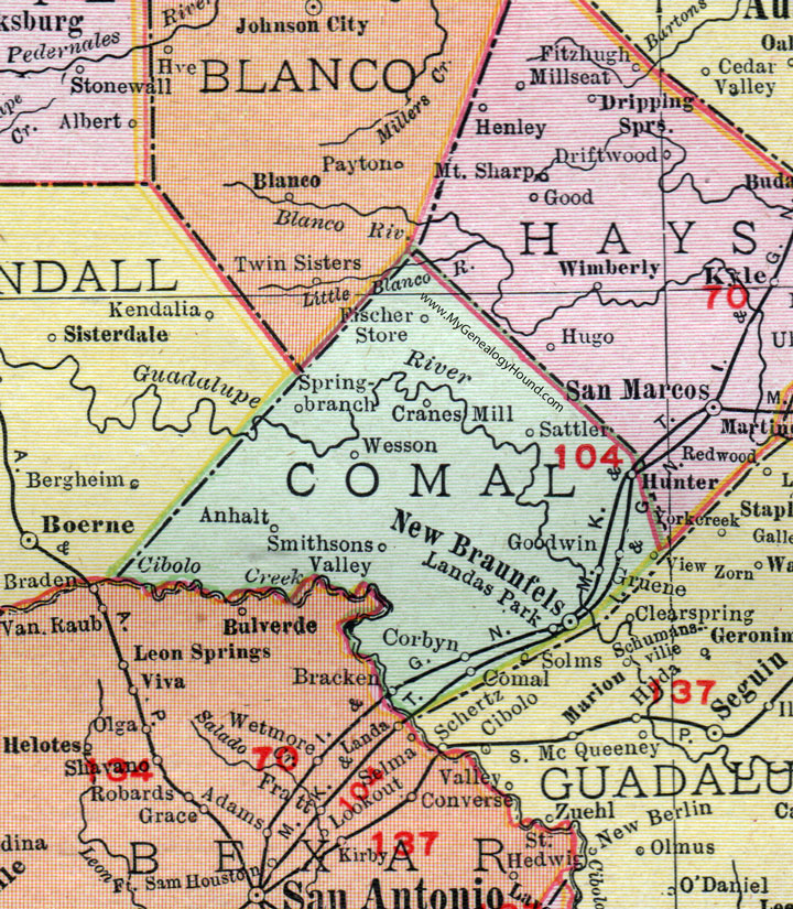 Comal County, Texas, Map, 1911, New Braunfels, Landas Park, Corbyn, Sattler, Spring Branch, Wesson