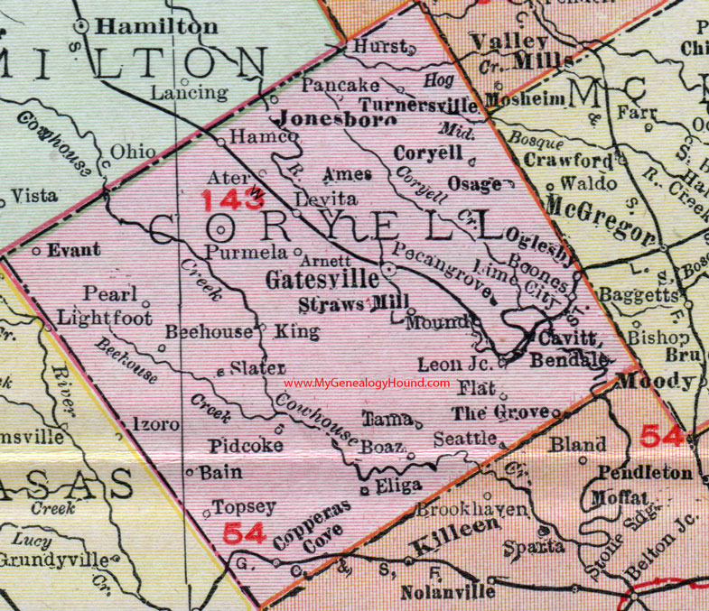 Coryell County, Texas, 1911, Map, Gatesville, Copperas Cove, Purmela, Straws Mill, Pidcoke, Slater, Tama, Cavitt, Oglesby, Jonesboro, Turnersville, Bain, Topsey Coryell County, Texas, 1911, Map, Gatesville, Copperas Cove, Purmela, Straws Mill, Pidcoke, Slater, Tama, Cavitt, Oglesby, Jonesboro, Turnersville, Bain, Topsey