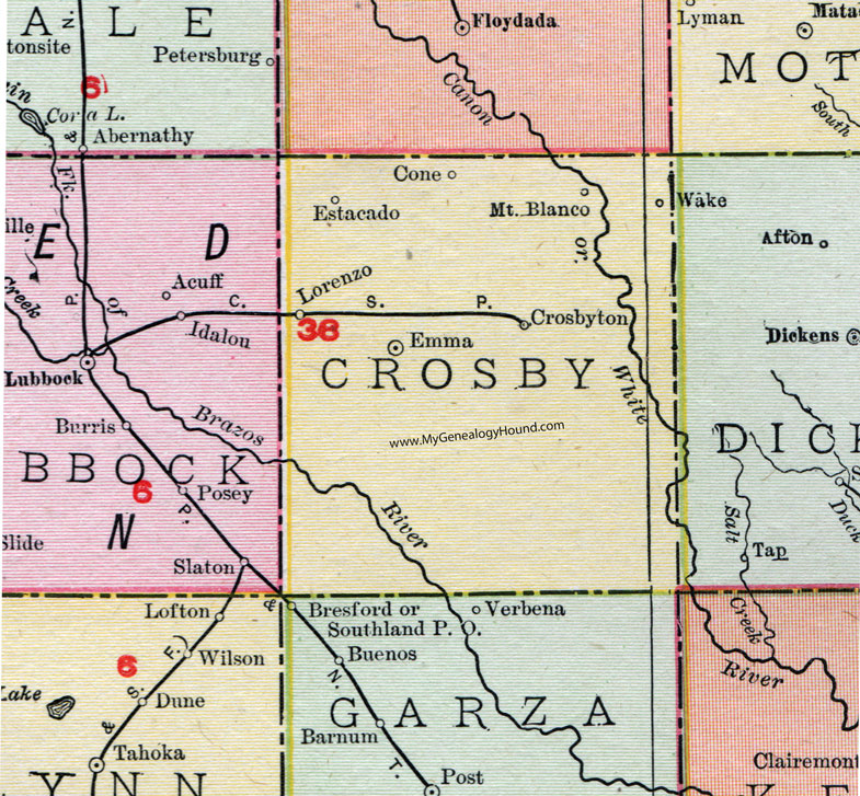 Crosby County, Texas, Map, 1911, Crosbyton, Emma, Lorenzo, Cone, Estacado, Mt. Blanco Crosby County, Texas, Map, 1911, Crosbyton, Emma, Lorenzo, Cone, Estacado, Mt. Blanco