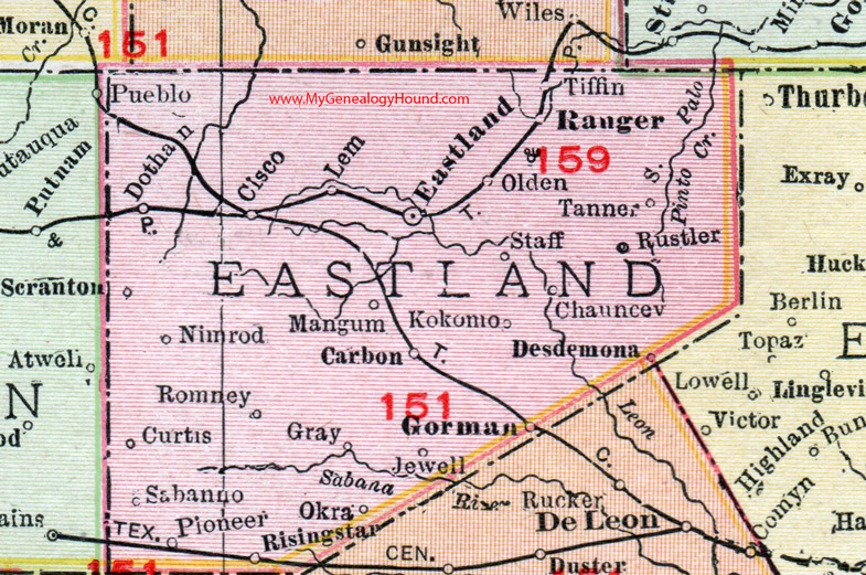 Eastland County, Texas, 1911, Map, Eastland City, Gorman, Ranger, Cisco, Rising Star, Desdemona, Olden, Romney, Nimrod, Sabanno, Kokomo, Chauncey, Tiffin Eastland County, Texas, 1911, Map, Eastland City, Gorman, Ranger, Cisco, Rising Star, Desdemona, Olden, Romney, Nimrod, Sabanno, Kokomo, Chauncey, Tiffin