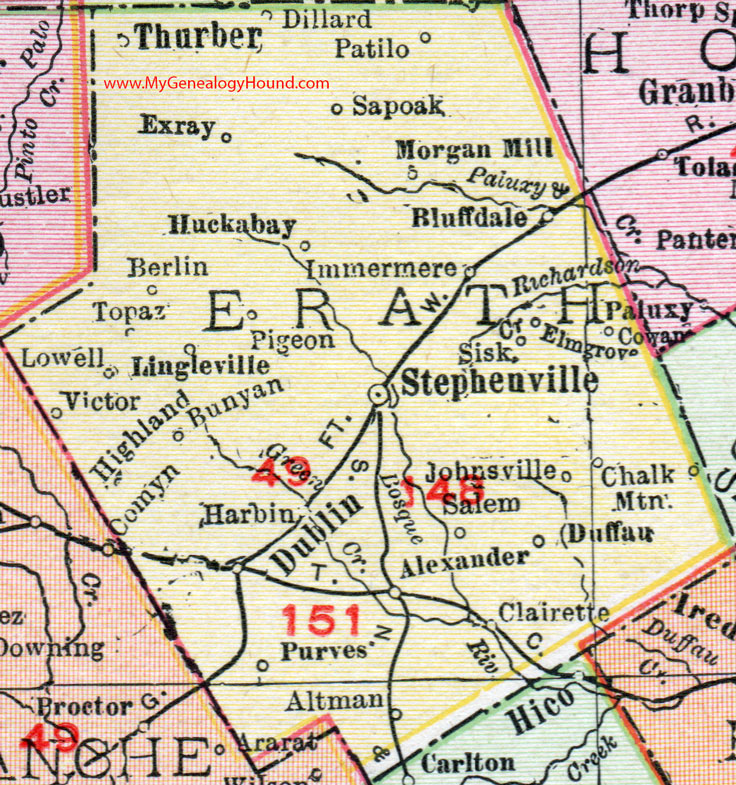 Erath County, Texas, 1911, Map, Stephenville, Dublin, Thurber, Huckabay, Lingleville, Bluff Dale, Morgan Mill, Clairette, Purves, Chalk Mountain, Alexander, Exray Erath County, Texas, 1911, Map, Stephenville, Dublin, Thurber, Huckabay, Lingleville, Bluff Dale, Morgan Mill, Clairette, Purves, Chalk Mountain, Alexander, Exray