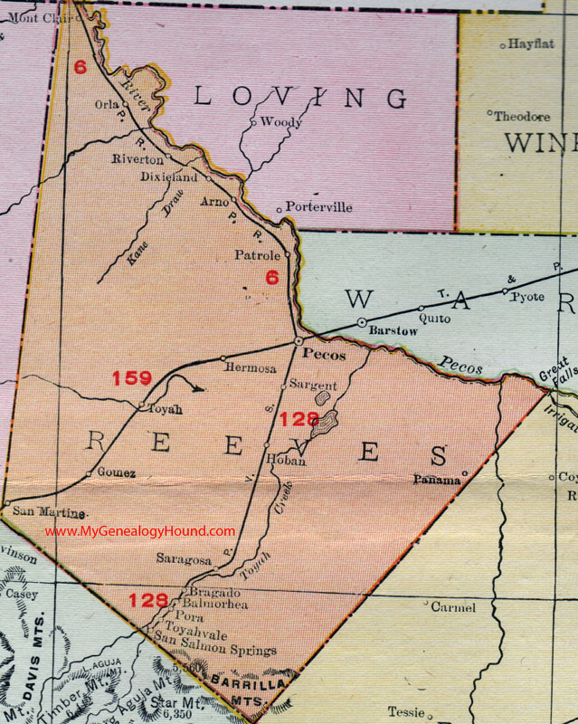 Reeves County, Texas 1911 Map, Rand McNally, Pecos, Toyah, Orla, Toyahvale, Hermosa, Saragosa, Balmorhea Reeves County, Texas 1911 Map, Rand McNally, Pecos, Toyah, Orla, Toyahvale, Hermosa, Saragosa, Balmorhea