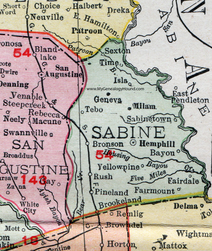 Sabine County, Texas, 1911 Map, Rand McNally, Hemphill, Bronson, Pineland, Milam, Sabinetown, Brookeland, Fairdale, Fairmount, Yellowpine, Geneva, Tebo, Isla, Sexton