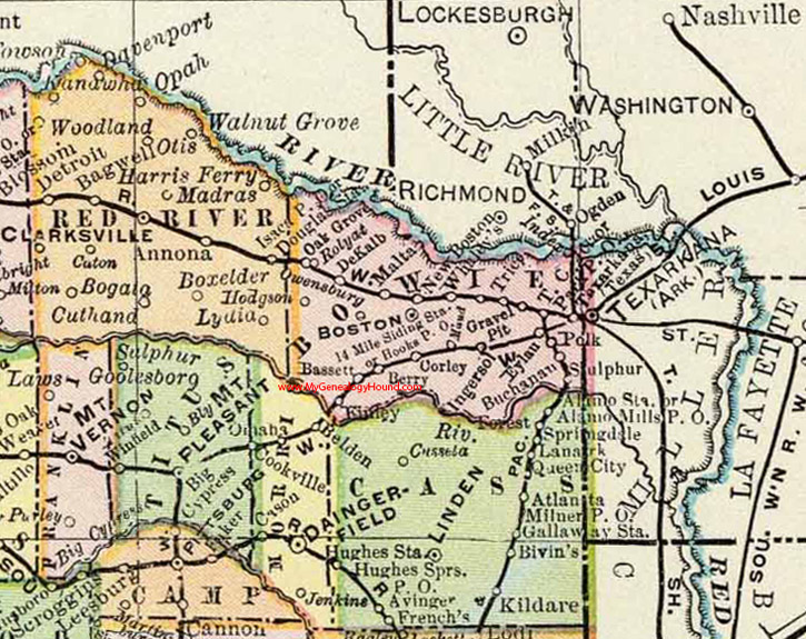 Bowie County, Texas 1897 Map Texarkana, Boston, New Boston, Oak Grove, Ingersol, Maud, Corley, Bassett, Malta, TX