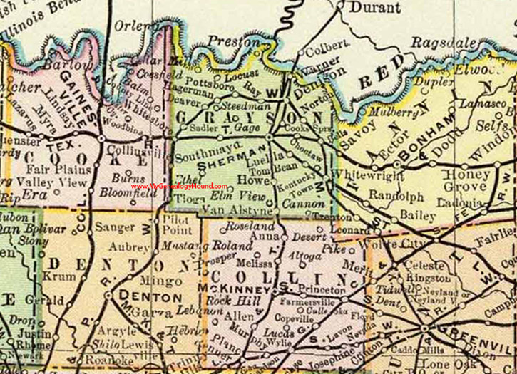 Grayson County, Texas 1897 Map Sherman, Denison, Whitewright, Whitesboro, Van Alstyne, Howe, Tom Bean, Tioga, Pottsboro, Southmayd, TX
