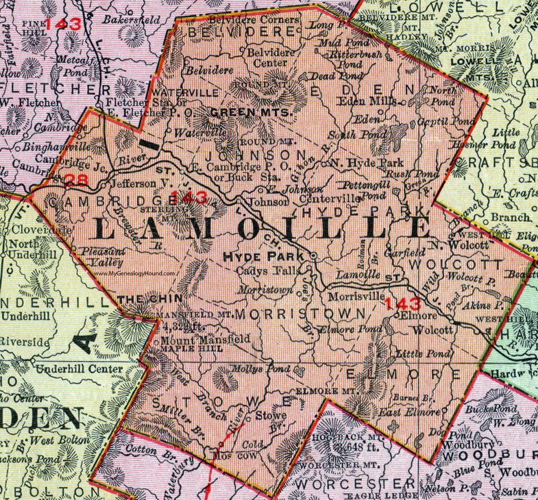 Lamoille County, Vermont, 1911, Map, Rand McNally, Hyde Park, Stowe, Jeffersonville, Morrisville, Johnson, Eden, Wolcott, Moscow, Waterville