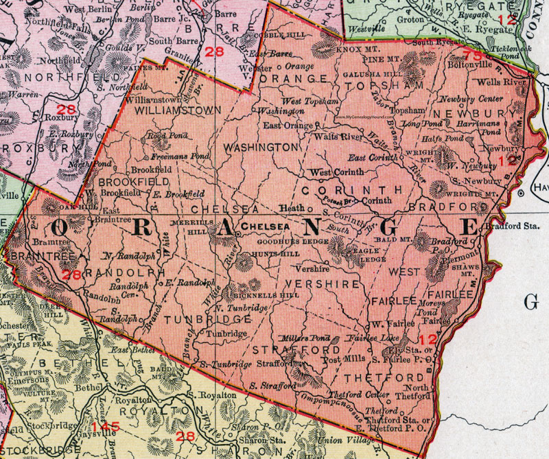 Orange County, Vermont, 1911, Map, Rand McNally, Chelsea, East Corinth, Randolph, Bradford, Randolph Center, Tunbridge, Strafford, Thetford Center, Post Mills, Williamstown, Washington, Brookfield, Newbury