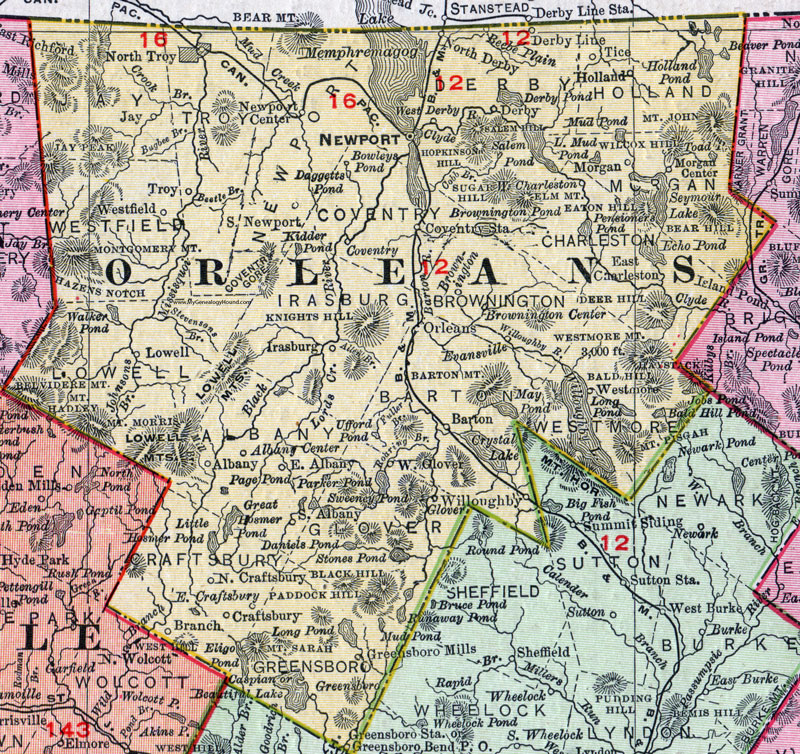 Orleans County, Vermont, 1911, Map, Rand McNally, Newport, North Troy, Barton, Morgan, East Charleston, Glover, Craftsbury, Coventry, Derby, Irasburg, Albany, Holland