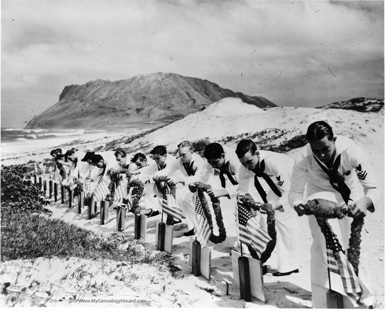 earl Harbor, Hawaii, Seamen from Kaneohe Naval Air Station Decorate Graves of Fellow Seamen, historic photo
