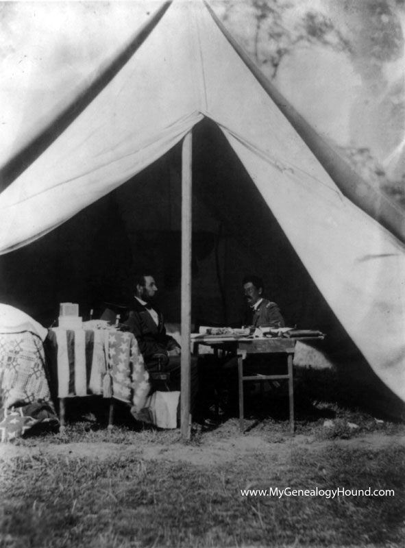 President Abraham Lincoln meeting with General George McClellan in his tent on the Antietam Battlefield (Sharpsburg)