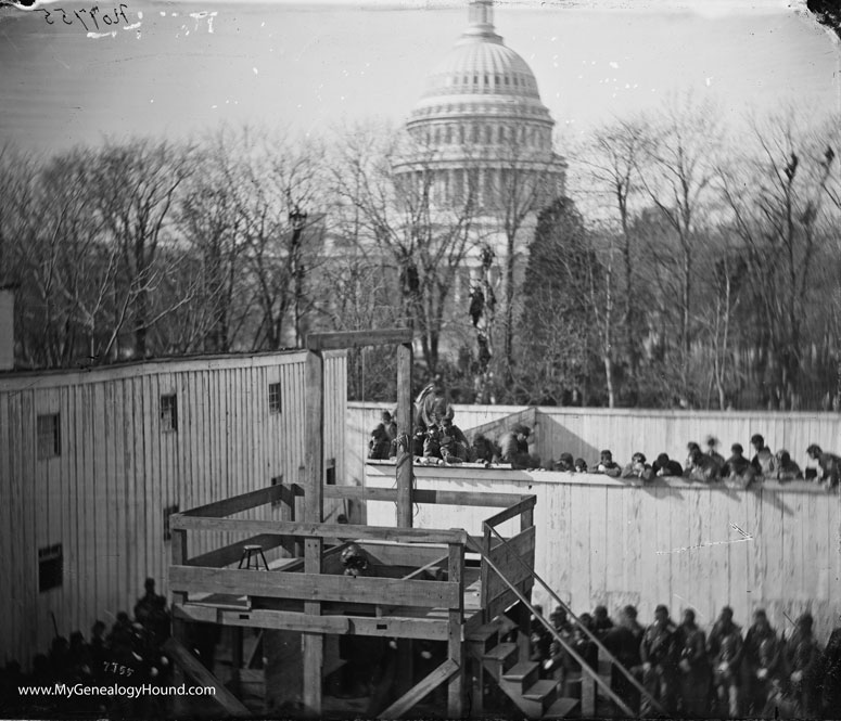 The execution of Henry Wirz: The body hanging from the gallows rope. 1865, Andersonville Prison.