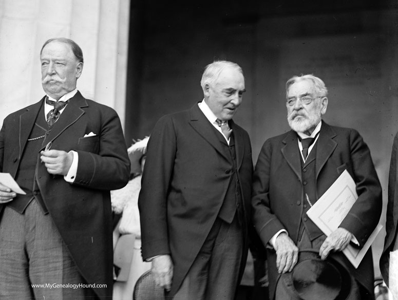 Chief Justice and former President William Howard Taft, President Warren Harding, and Robert Todd Lincoln, dedication of the Lincoln Memorial.