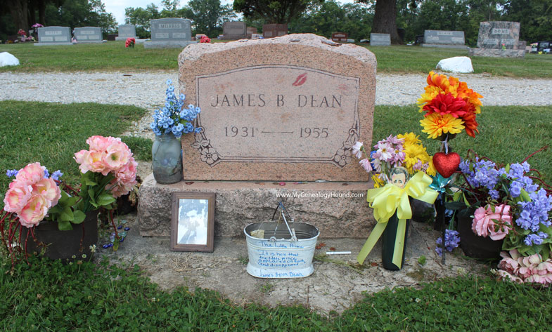 The tombstone on the grave of James Dean as viewed from the backside of the grave marker, Park Cemetery, Fairmount, Indiana.