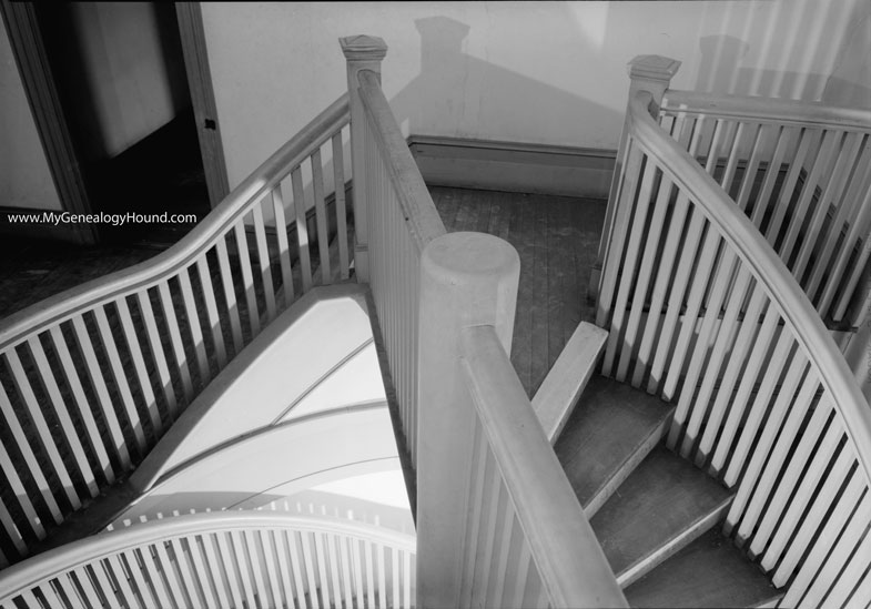 Twin spiral staircase, fourth floor landing, Schell Chateau, Northfield, Massachusetts.