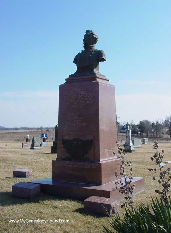 A monument to James Shields, erected by an Act of Congress in 1910, marking his grave in the St. Mary's Cemetery, Carrollton, Missouri.
