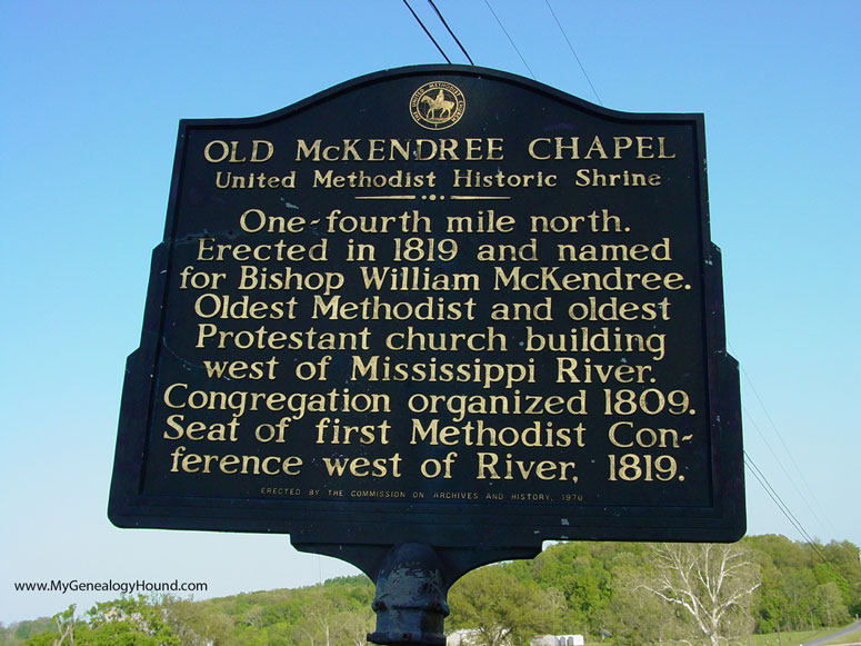 The historical marker for Old McKendree Chapel, Jackson, Missouri near the road entrance.