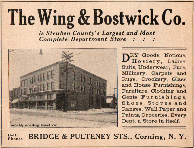 Corning, New York, The Wing and Bostwick Department Store, ad image, photo