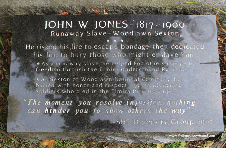 The memorial plaque at the base of the tombstone of John W. Jones, Elmira, New York.