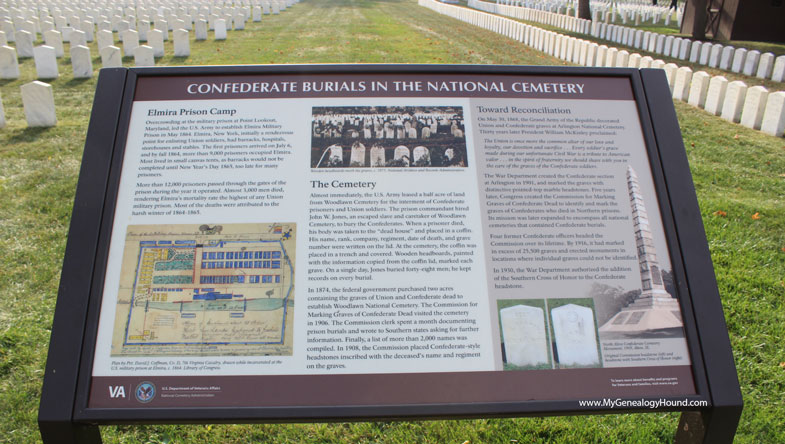 An informational marker erected in Woodlawn National Cemetery describing the history of the Confederate burial section of the cemetery.