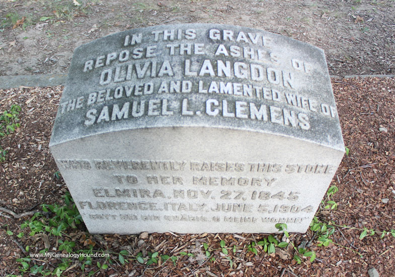 The grave and tombstone of Oliva Langdon Clemens, wife of Mark Twain, Woodlawn Cemetery, Elmira, New York.