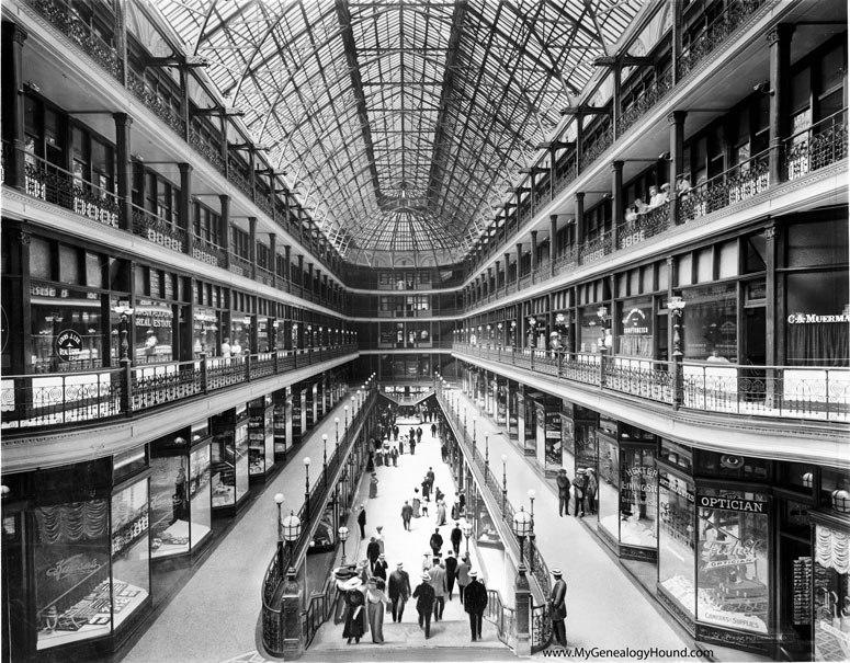 interior of The Arcade, Cleveland, Ohio from about 1910. This photo is by Detroit Publishing Company