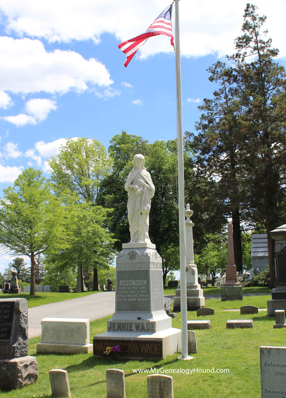 The grave and tombstone of Jennie Wade in Evergreen Cemetery, Gettysburg, Pennsylvania