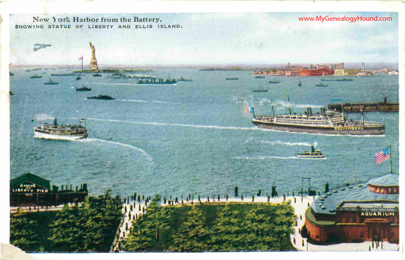 New York Harbor from the Battery with Ellis Island and Statue of Liberty Vintage Postcard