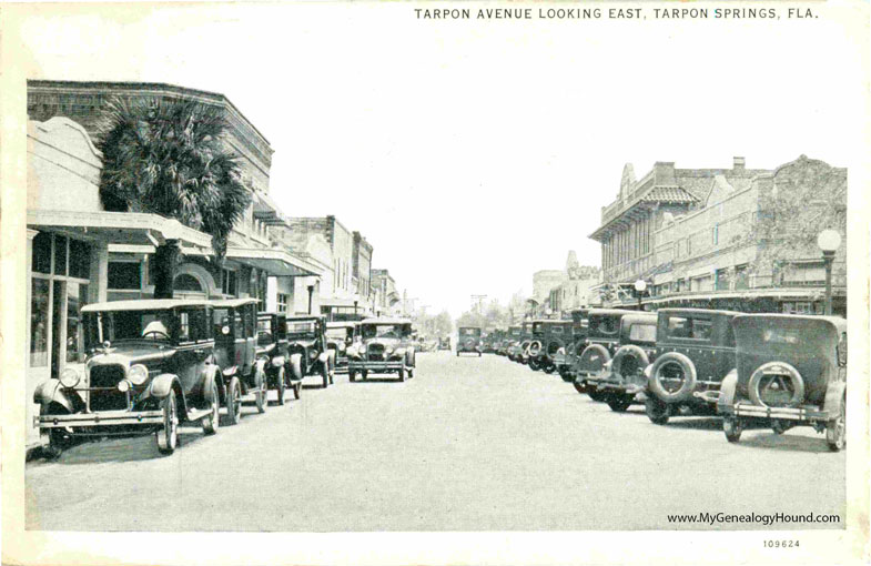 A historic postcard view of Tarpon Avenue, looking east, Tarpon Springs, Florida, 1938, vintage postcard, photo.