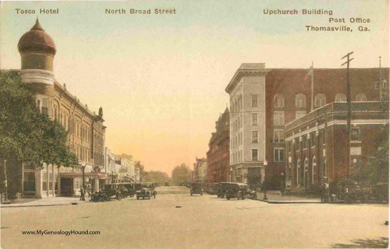 Thomasville, Georgia, North Broad Street, Tosco Hotel, Upchurch Building, vintage postcard, historic photo