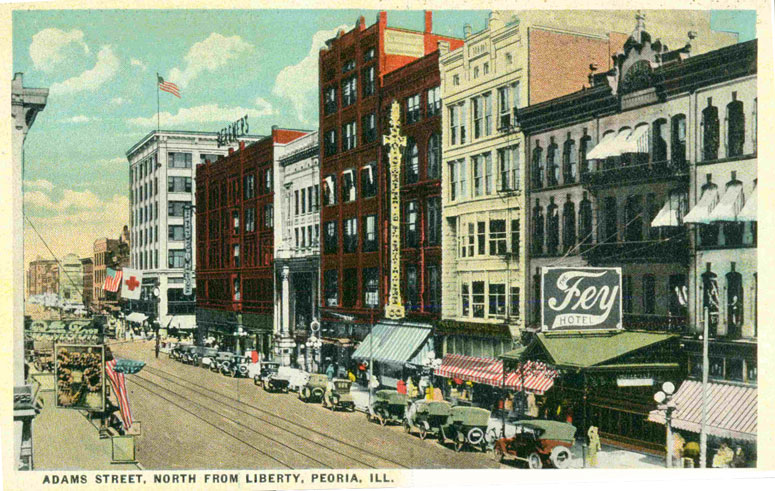 Peoria, Illinois, Adams Street, North From Liberty, vintage postcard, historic photo