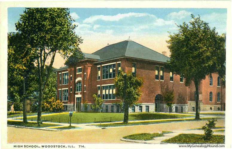 Woodstock, Illinois, High School, vintage postcard, historic photo