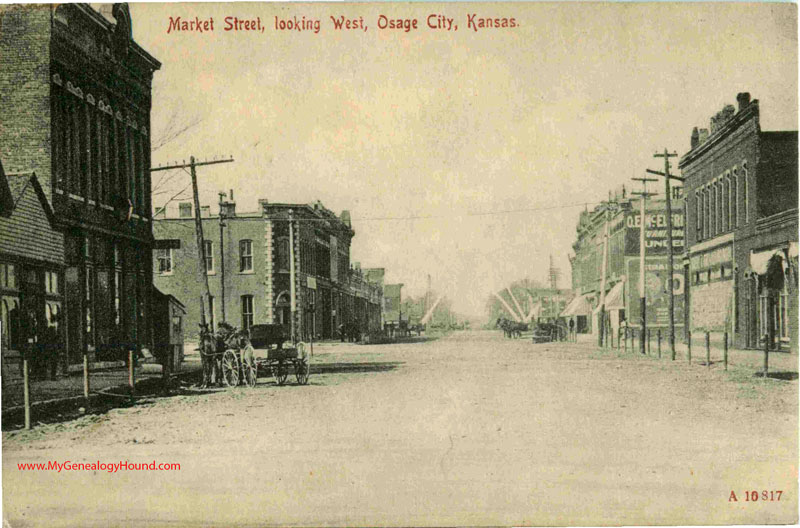 Osage City, Kansas, Market Street, Looking West, vintage postcard, historic photo