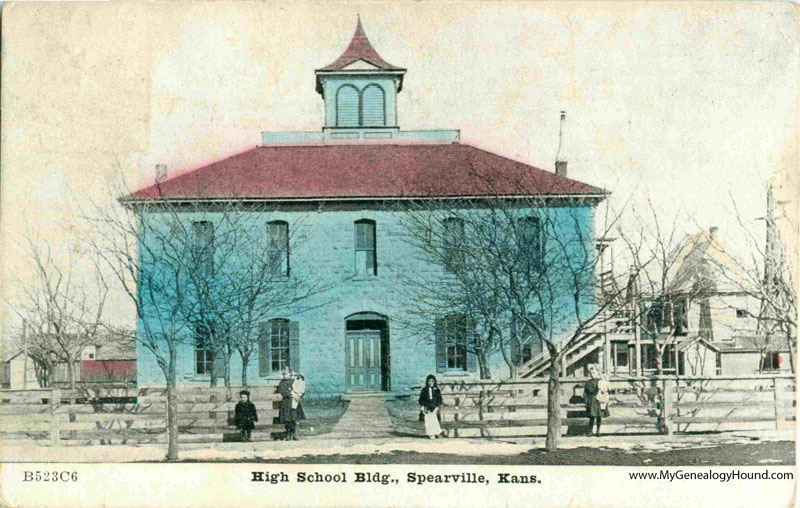 Spearville, Kansas, High School Building, vintage postcard, historic photo