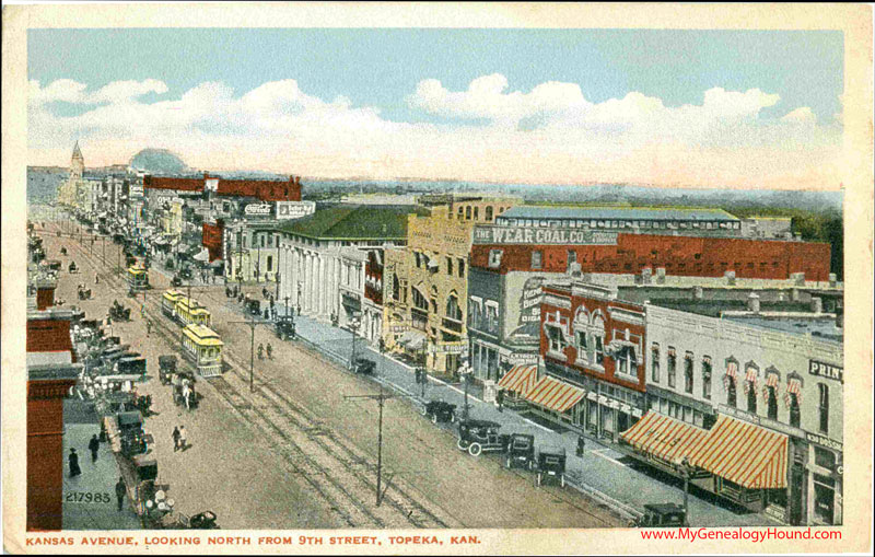 Topeka, Kansas, Kansas Avenue Looking North From 9th Street vintage postcard, historic photo