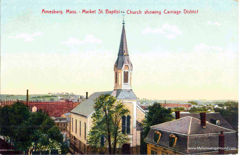 Amesbury, Massachusetts, Market Street Baptist Church showing Carriage District, vintage postcard photo