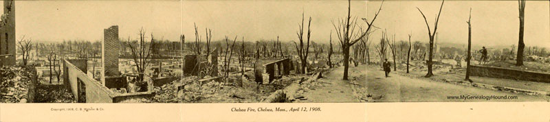 A panoramic photo showing the devastation of the 1908 Chelsea Fire.