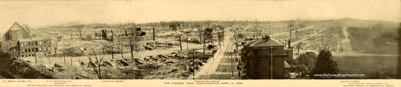 Chelsea, Massachusetts after the 1908 fire. The street in middle of the view is Washington Avenue. The street near the right edge is Walnut Street. St. Roses Church is at the far left. The ruins of the State Armory is at center left.