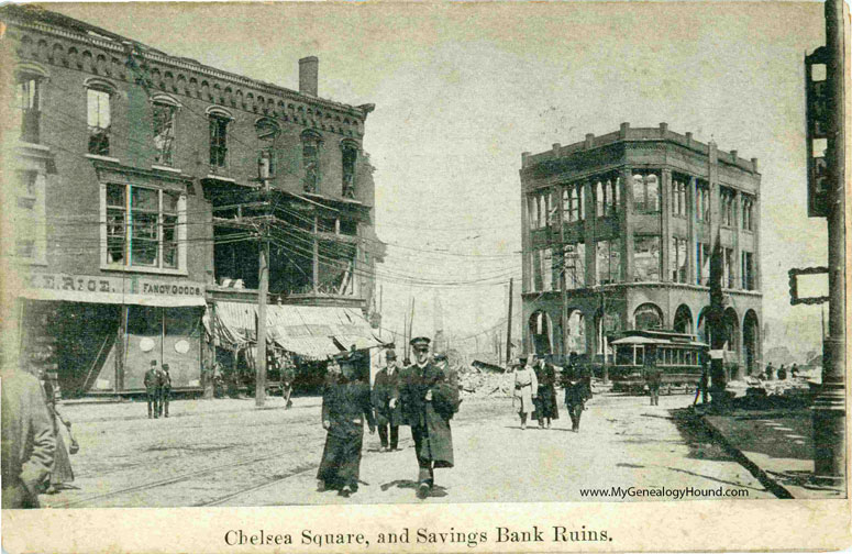 The Ruins of Chelsea Square and Savings Bank, Chelsea, Massahusetts after the 1908 Fire.