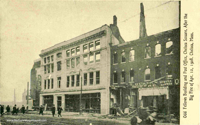 The Odd Fellows Building and Post Office, Chelsea Square, after the Big Fire of April, 12, 1908.