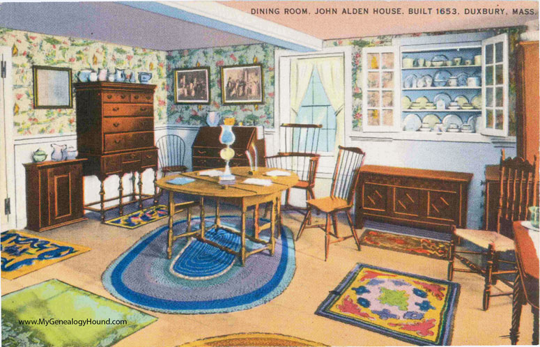 Dining Room of the John Alden House, Duxbury, Massachusetts, vintage postcard photo