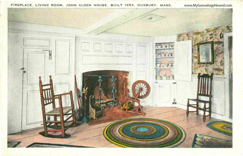 Fireplace and Living Room of the John Alden House, Duxbury, Massachusetts, vintage postcard, photo