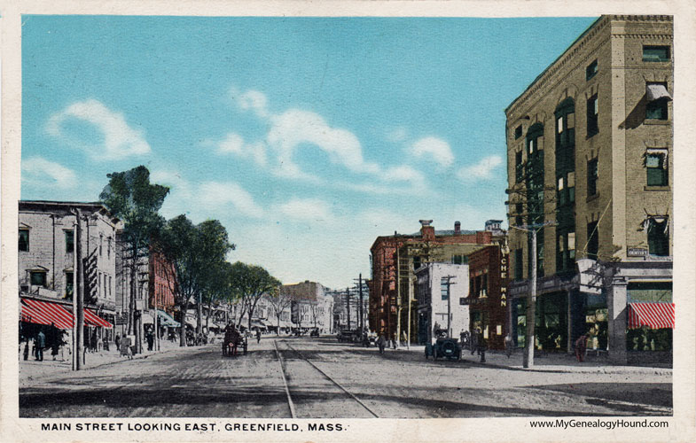 Greenfield, Massachusetts, Main Street Looking East, vintage postcard, historic photo