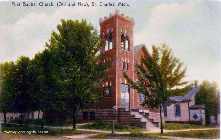 St. Charles, Michigan, First Baptist Church, old and new, vintage postcard photo