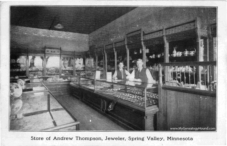Spring Valley, Minnesota, Store of Andrew Thompson, Jeweler, vintage postcard photo