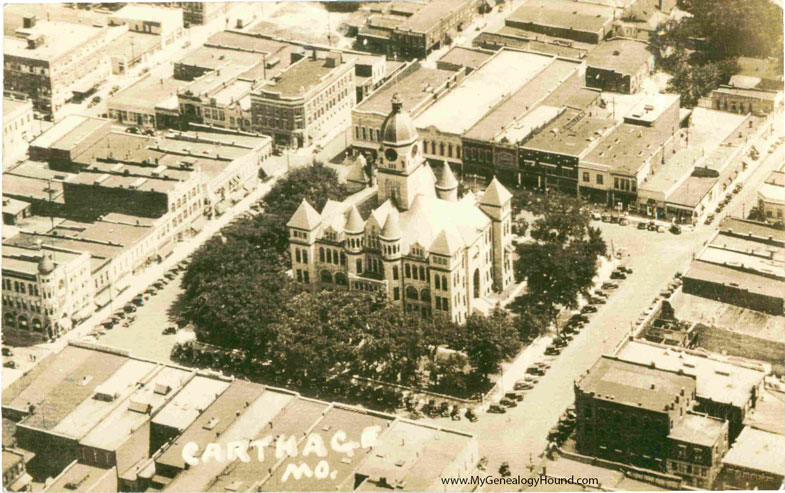 Carthage, Missouri, Aerial View of Jasper County Courthouse Square, vintage postcard photo