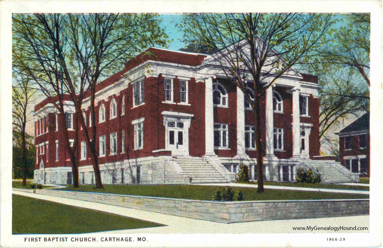 Carthage, Missouri, First Baptist Church, vintage postcard photo