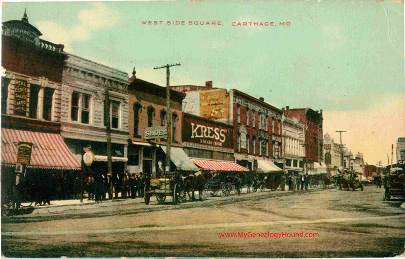 Carthage, Missouri, West Side of Square, vintage postcard, Historic Photo, Jasper County