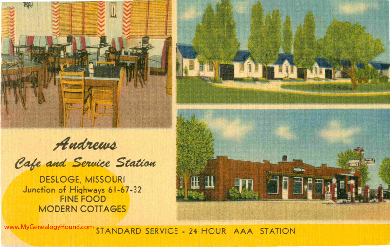 Desloge, Missouri, Andrews Cafe and Service Station, vintage postcard, historic photo