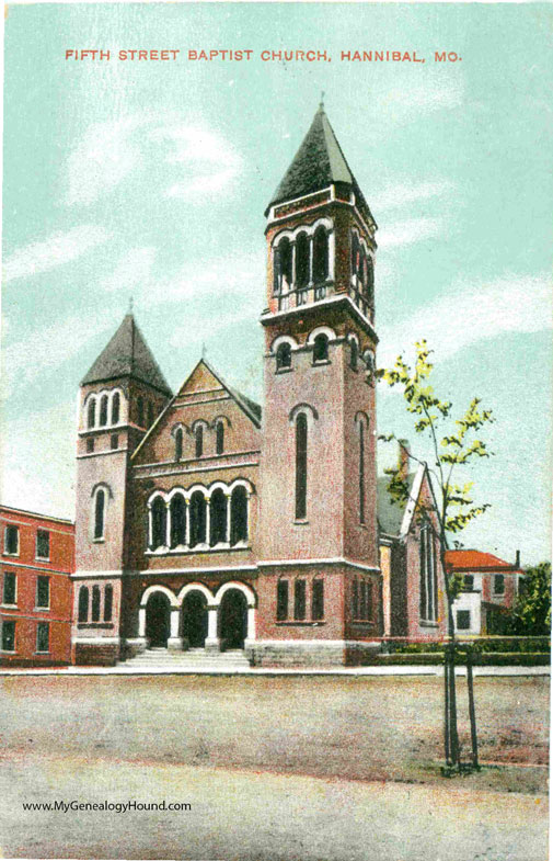 Fifth Street Baptist Church, Hannibal, Missouri, vintage postcard, historic photo