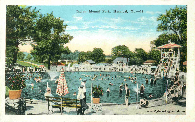 Indian Mound Park, Swimming Pool, Hannibal, Missouri, vintage postcard, historic photo